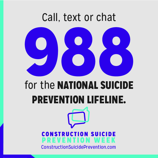 Graphic depicting a hardhat sticker available to order as part of a bundle. The sticker says, "Call, text or chat 988 for the National Suicide Prevention Lifeline. Construction Suicide Prevention Week ww.constructionsuicideprevention.com"