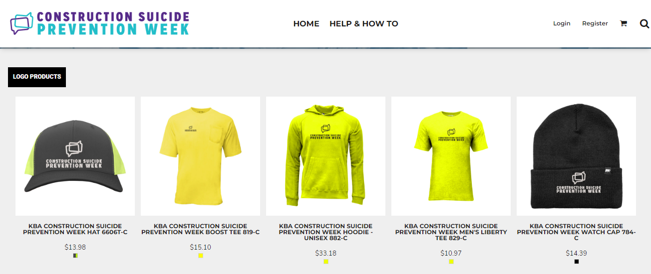 screen grab depicting an apparel store featuring a ballcap, t-shirt with pocket, hoodie, t-shirt with no pocket, and a beanie. All apparel items have the Construction Suicide Prevention logo on them.