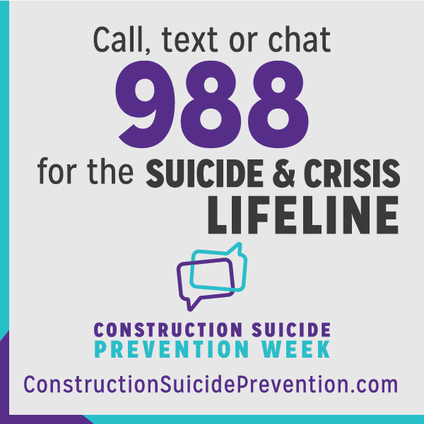Graphic depicting a hardhat sticker available to order as part of a bundle. The sticker says, "Call, text or chat 988 for the National Suicide Prevention Lifeline. Construction Suicide Prevention Week ww.constructionsuicideprevention.com"